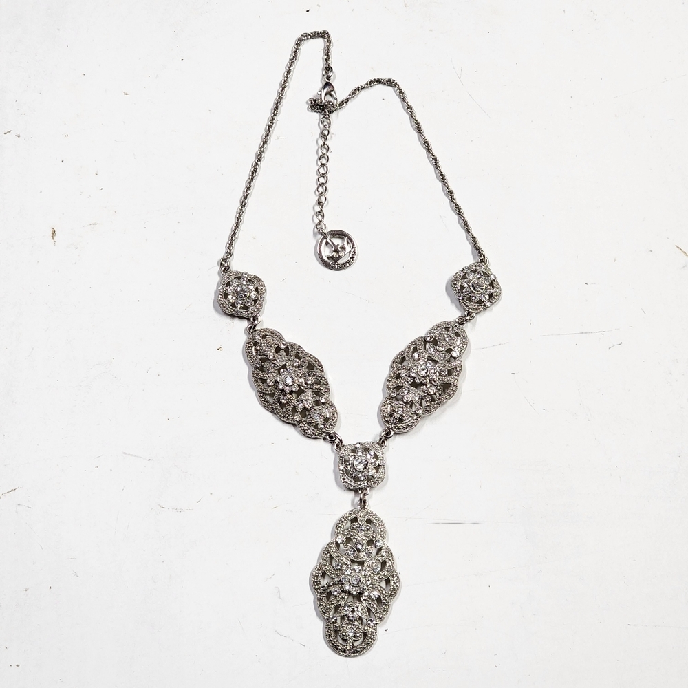 Crown Trifari Silver Tone White Rhinestone Bridal Necklace